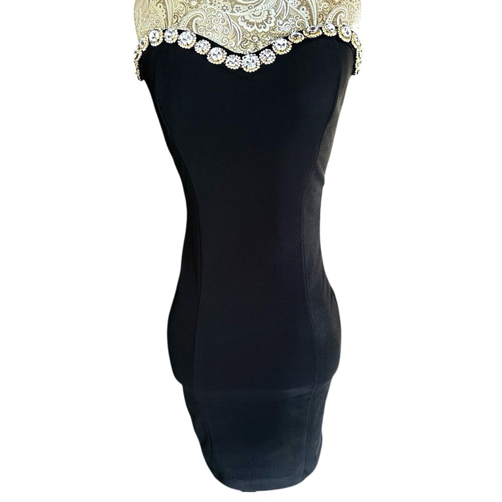 Sexy Party Stretchy Black Mini Dress LBD Rhinestones Dancer Size Small & Med